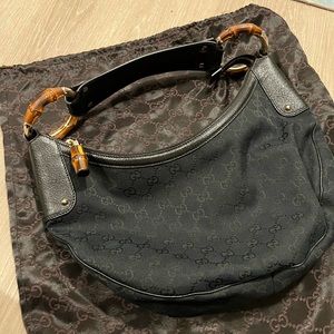 100% Authentic Gucci half moon black monogram hobo bamboo in excellent condition